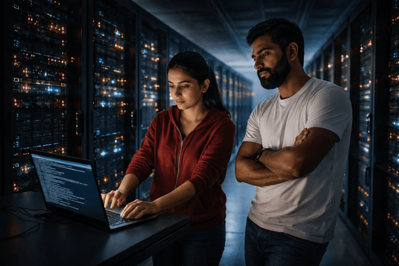 Two engineers debugging in a server room at night