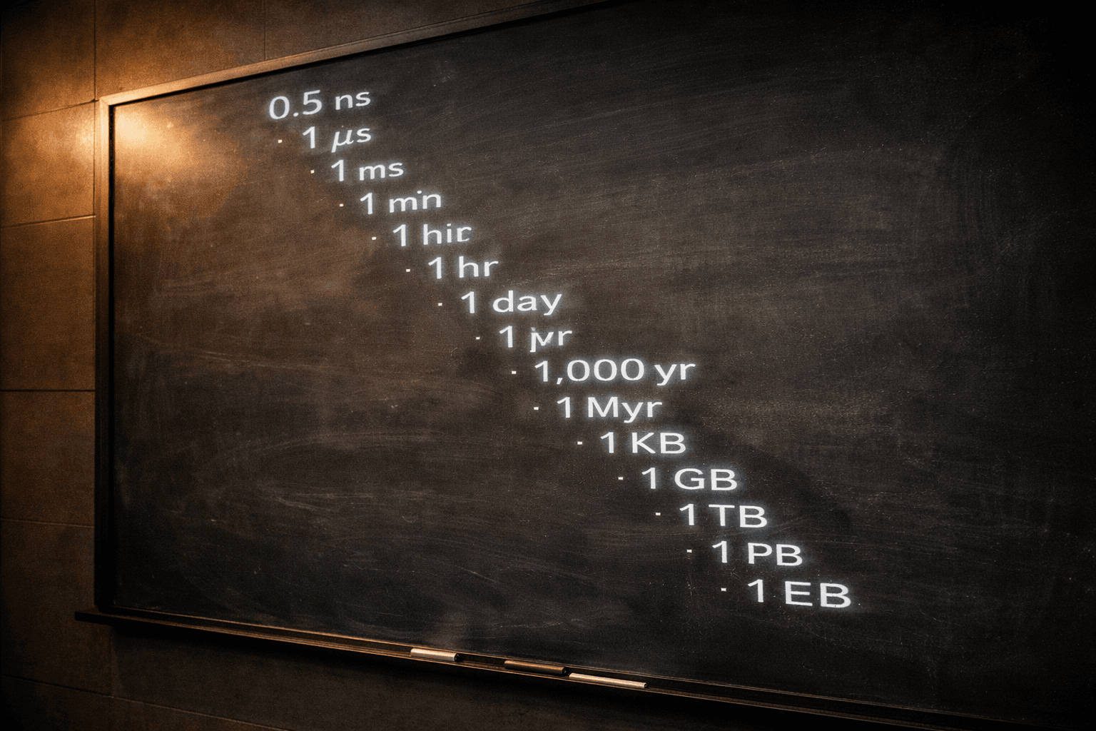 A whiteboard filled with orders of magnitude, stretching from nanoseconds to petabytes