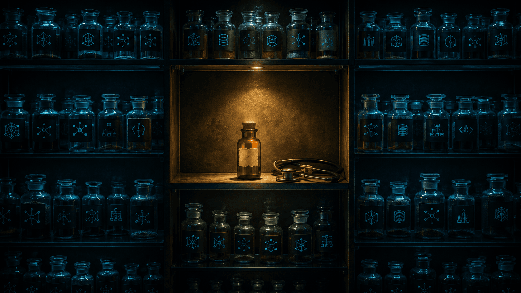 An apothecary wall of identical glowing bottles of technology, and one scarce amber vial with a handwritten label beside a stethoscope — the ingredient that can't be mass-produced