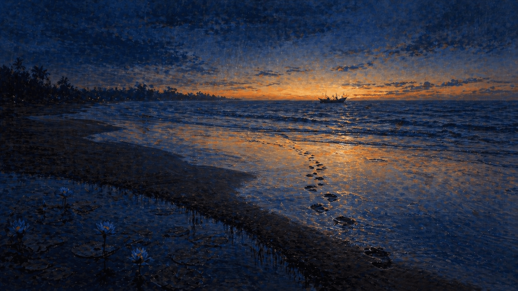 A solitary shore at sunset — the tide retreating, leaving nothing but wet sand and silence