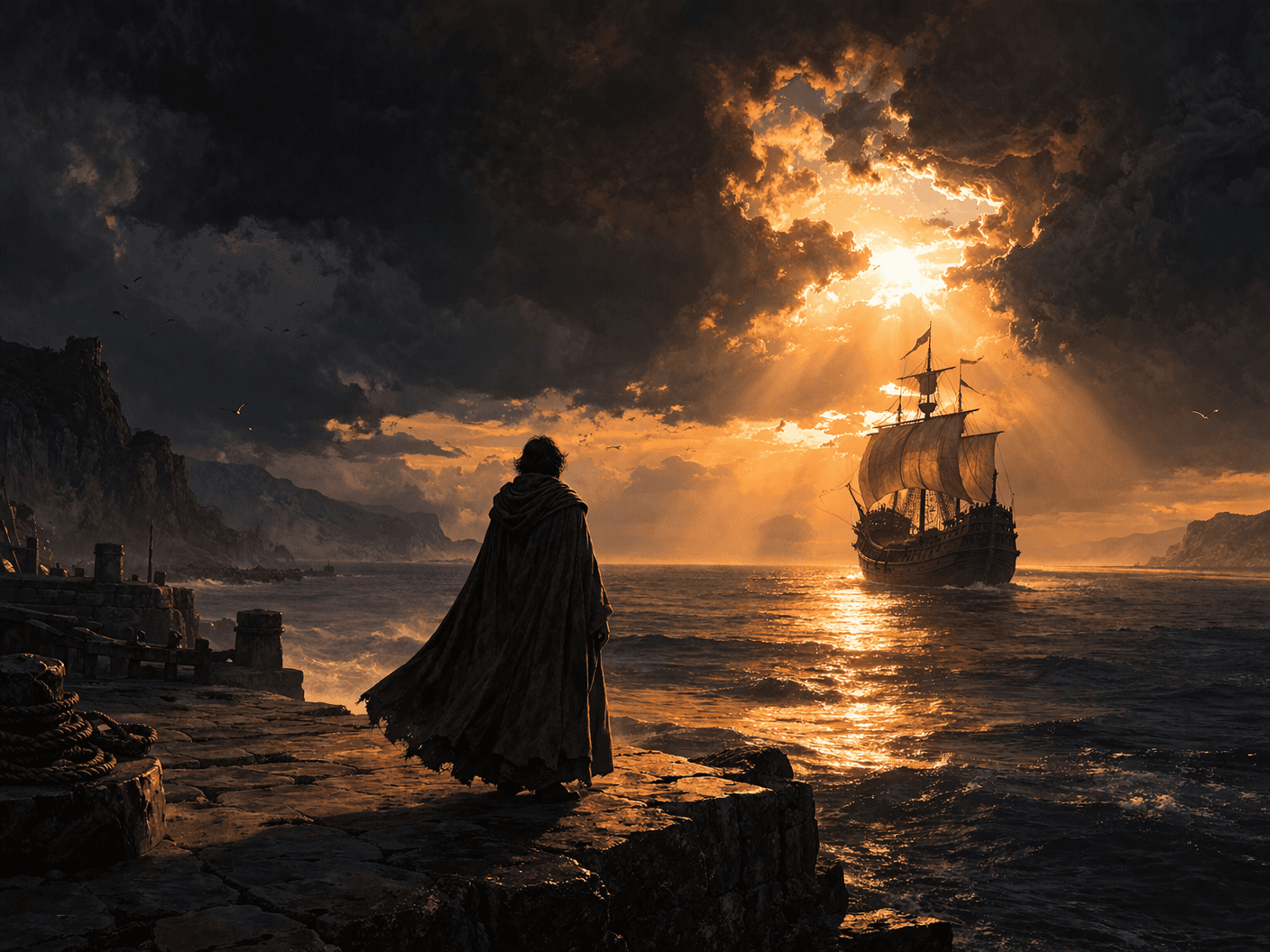 A cloaked figure standing at a harbour facing a ship sailing into golden light breaking through dark clouds - Udhaya Suriyan