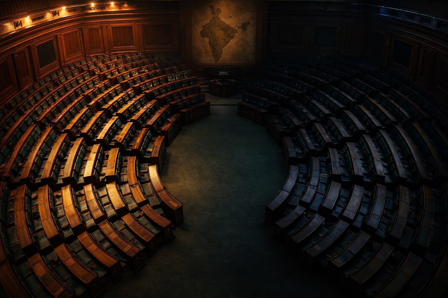 A parliamentary chamber split by light — one half bright and overflowing, the other fading into shadow