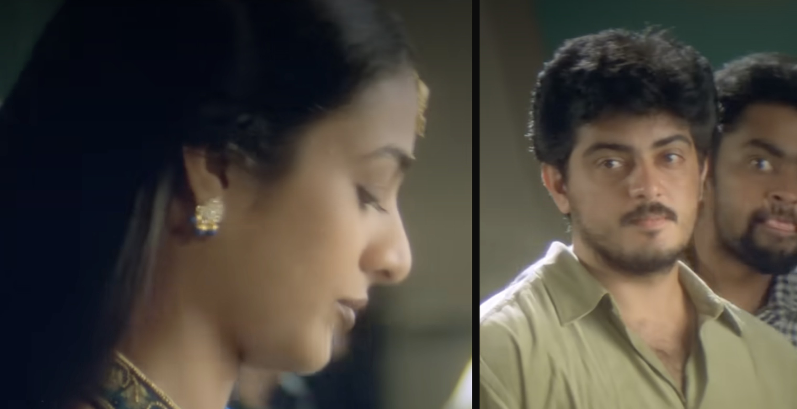 Two frames from the film — Sowmya sharp in profile with her eyes lowered, then the focus pulled to Manohar behind her, looking at her