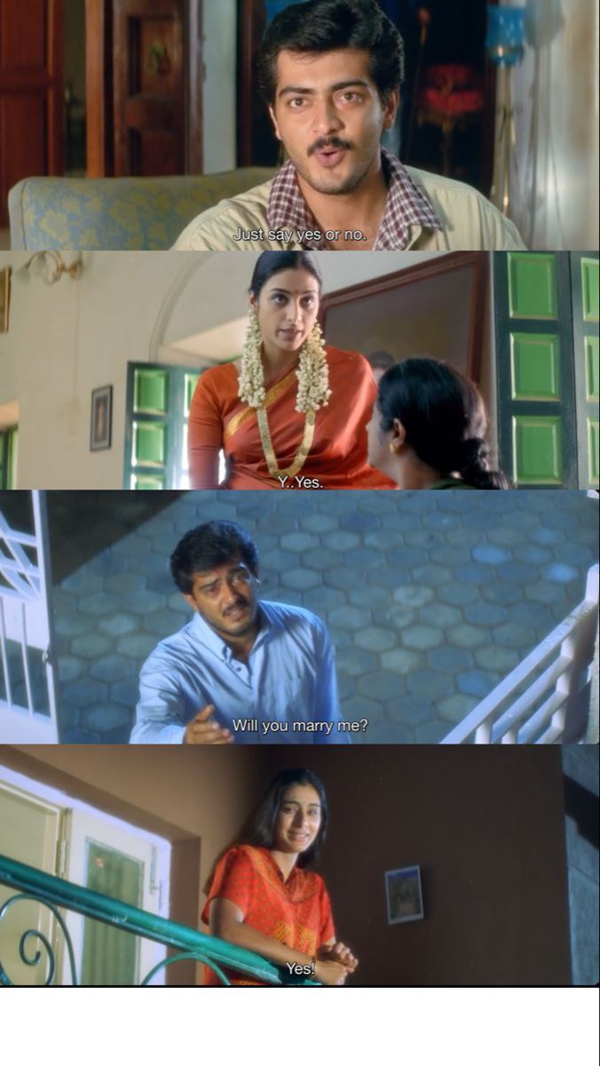 Four frames with subtitles — Just say yes or no. / Y.. Yes. / Will you marry me? / Yes!