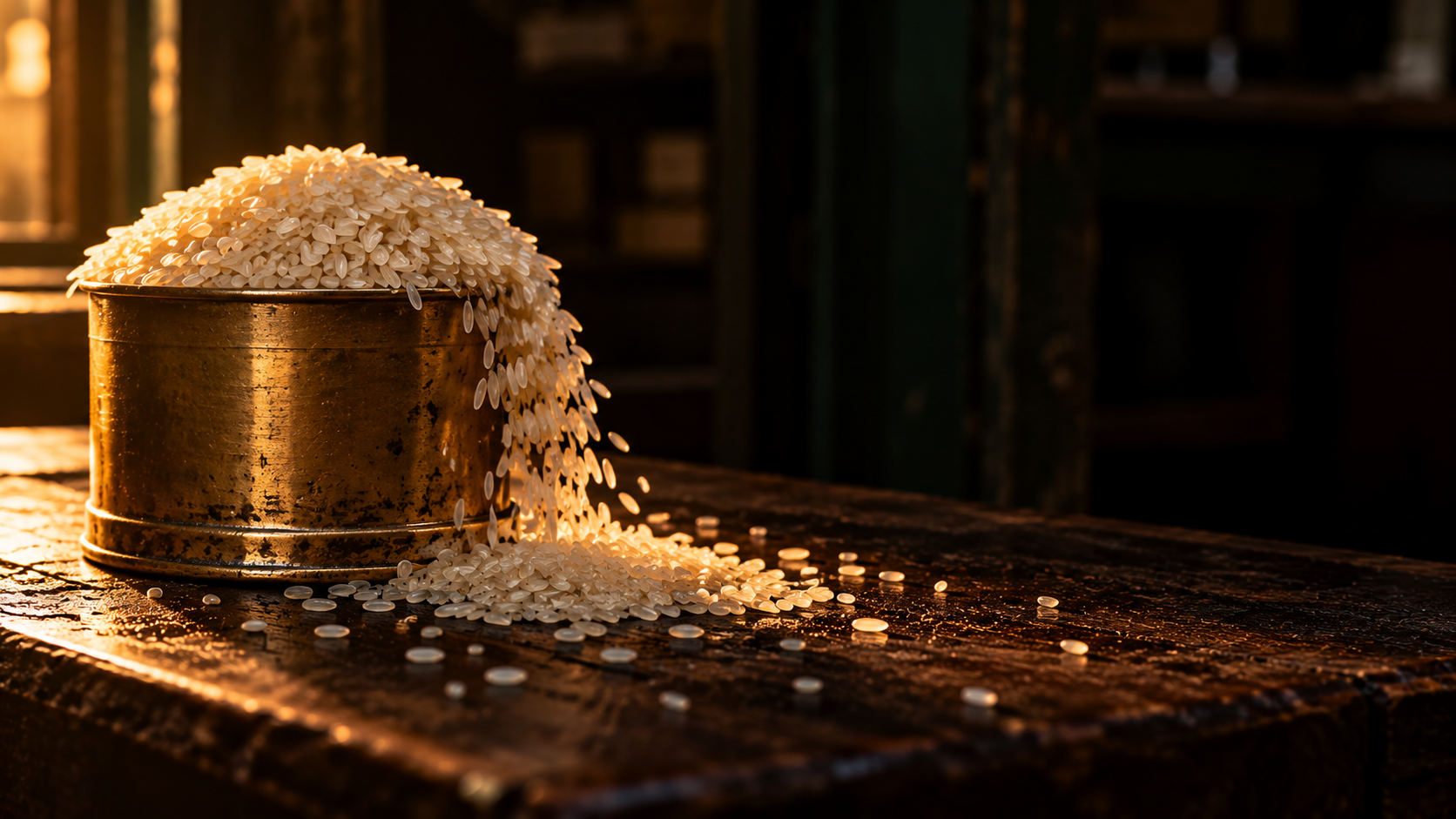 An old brass grain measure heaped past its rim with rice, grains spilling over one side onto a dark wooden counter