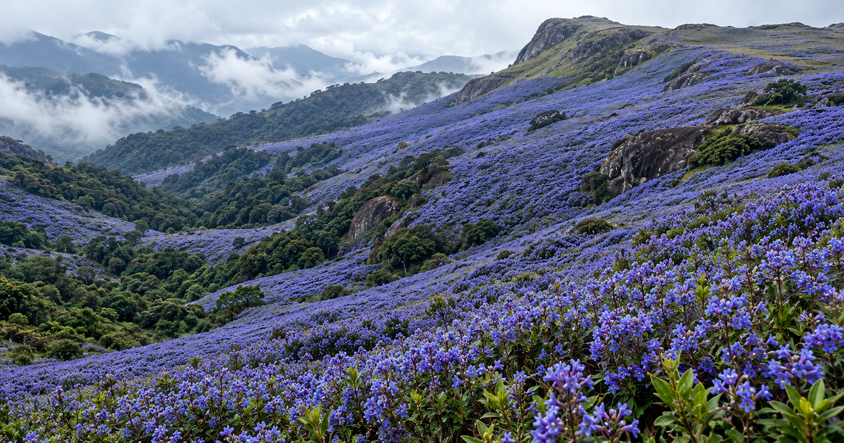 A high-altitude hillside in the Western Ghats covered edge to edge in blue-violet kurinji in full bloom, individual flower heads sharp in the foreground and dissolving into a solid wash of blue toward the ridgeline, with dark green shola forest in the folds, grey rock outcrops, and cloud lying along the far mountains