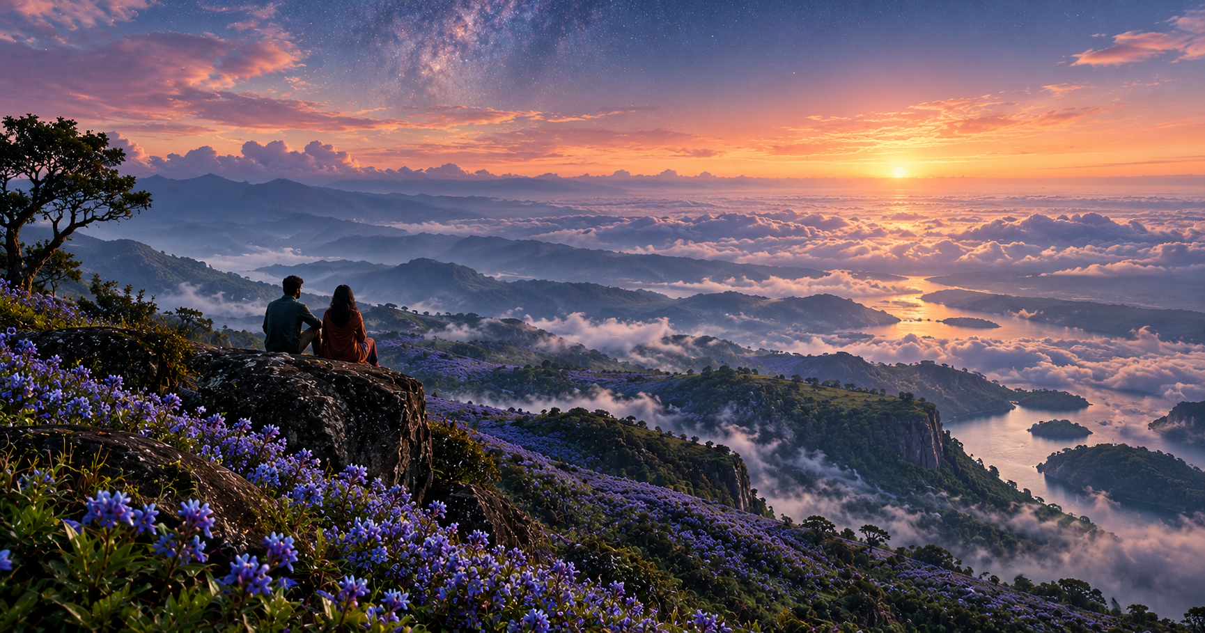 Two people sitting together on a rock on a kurinji-covered ridge at dawn, looking out over a sea of cloud with water catching the sunrise far below and stars still showing in the sky above