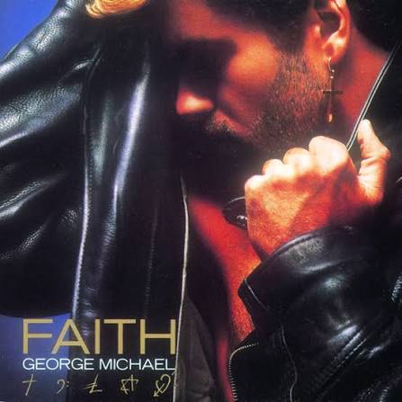 The sleeve of George Michael's Faith — head bowed in profile, black leather jacket, a cross hanging from one ear