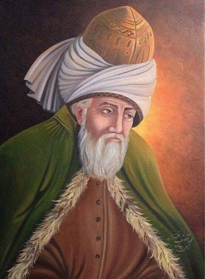 A painted portrait of Rumi in a green robe, white turban wound around a tall gold cap