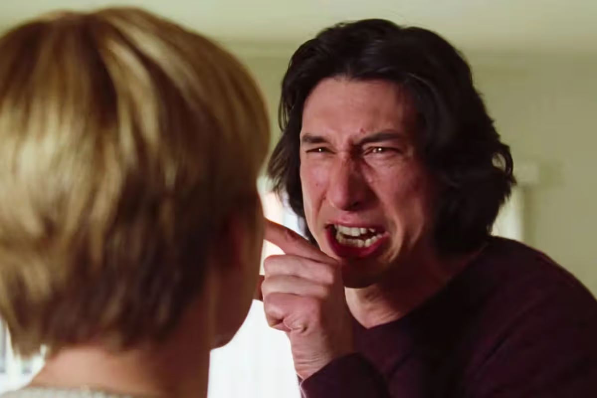 Charlie mid-scream, Nicole's back to us — the fight scene in Marriage Story