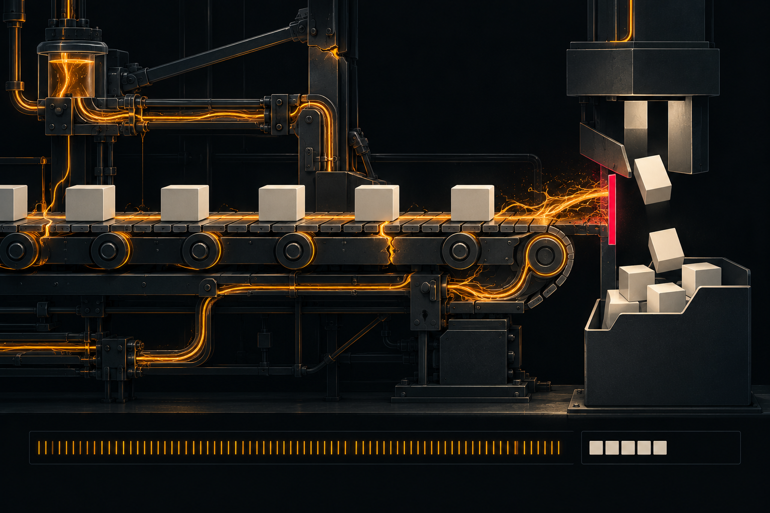 A conveyor carrying clean white cubes that drop one after another into an open bin. Molten amber runs through every pipe, roller and joint of the machine, splinting a crack in the belt frame and holding the whole apparatus together; where it reaches the bin it meets a red barrier and splashes back. Along the base, a long unbroken row of small amber marks against five white cubes.