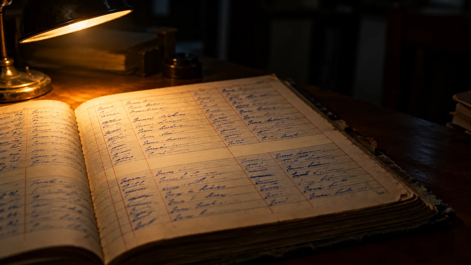 A municipal register open under a desk lamp, columns of handwritten entries, one ruled row left blank