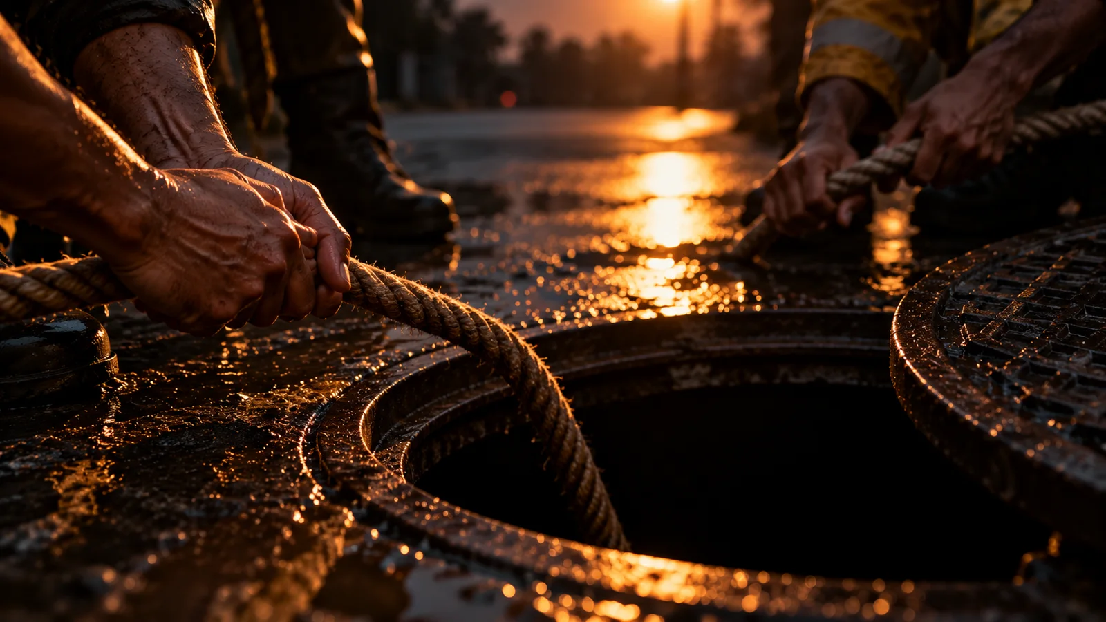 Two pairs of hands hauling a rope taut over the rim of an open manhole at dusk, the shaft below in darkness