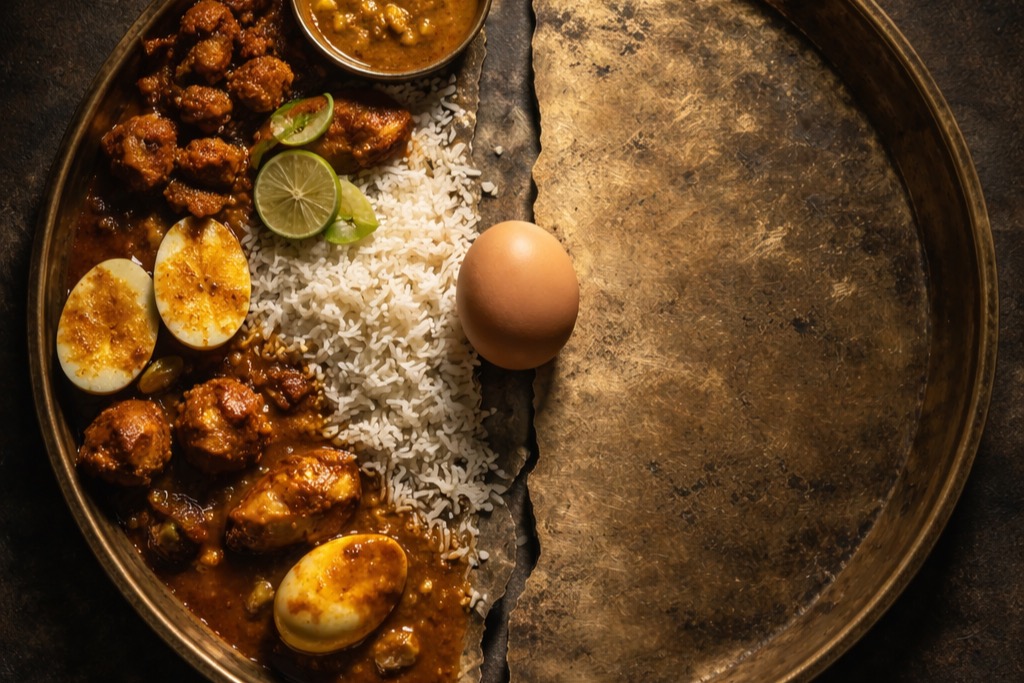 A brass thali split in half — one side full of food, the other empty
